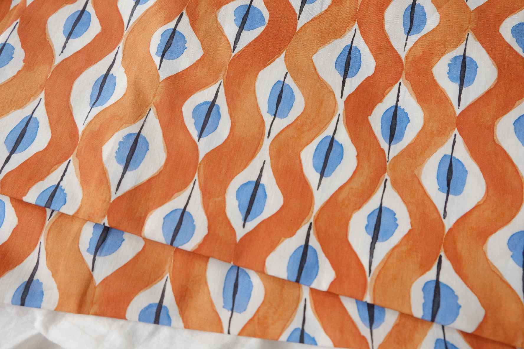 Orange and Blue Geometric Cotton Poplin Fabric, Crisp Dress & Shirting Weight, 3.28 Yards