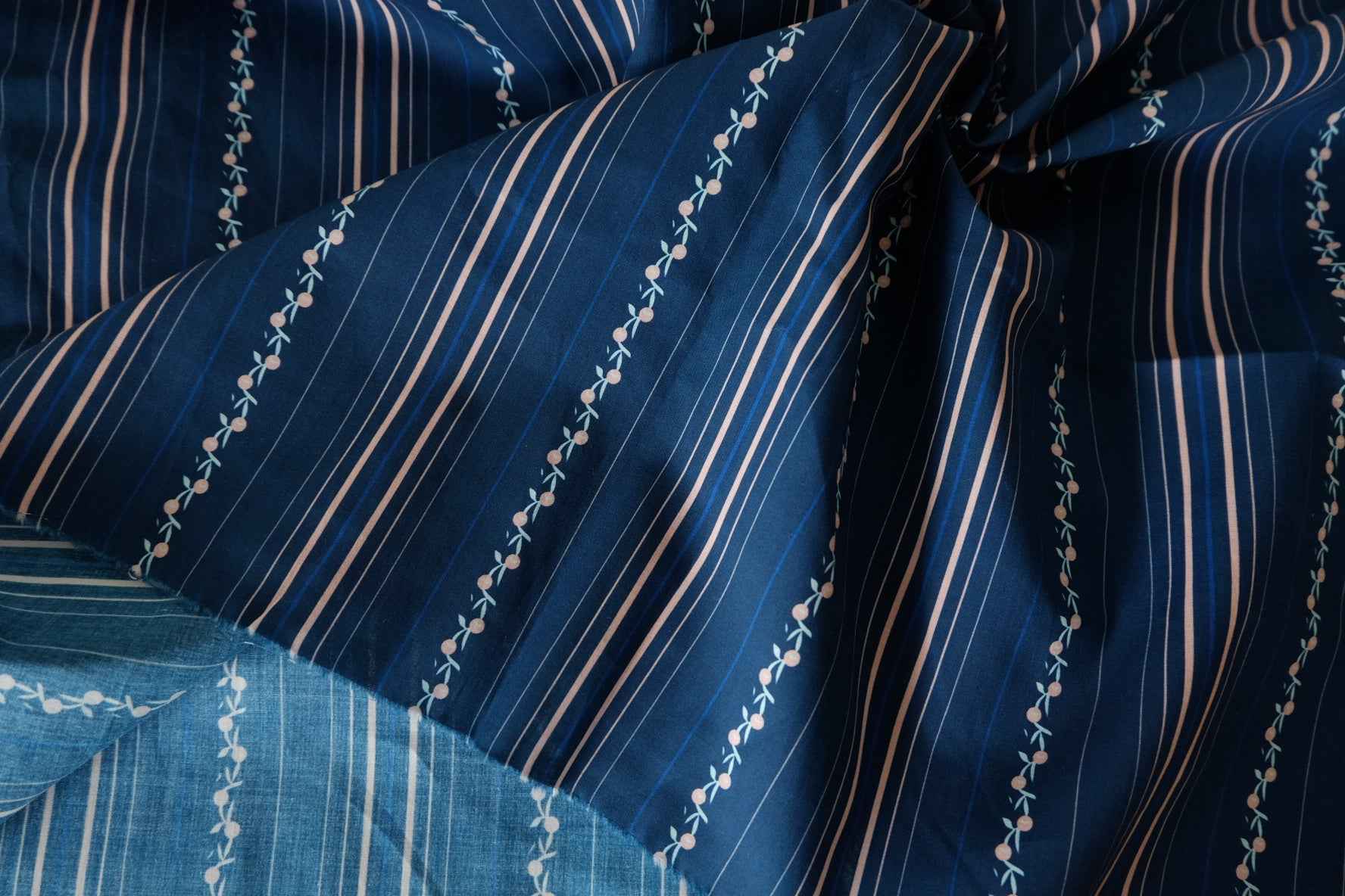 Navy Floral Stripe Cotton Poplin Fabric – 2.2 yd / Discounted