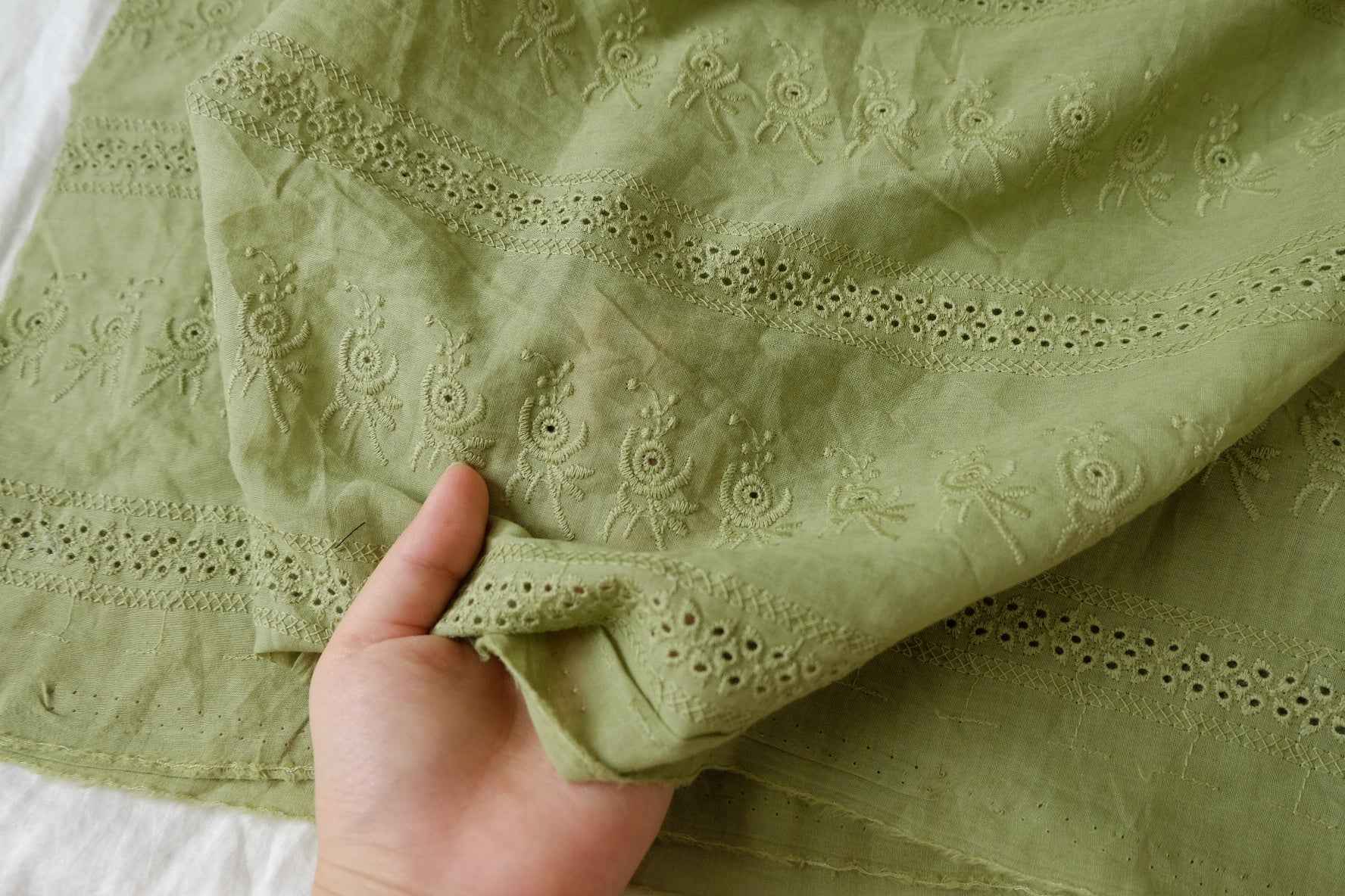 Sage Green Cotton Eyelet Embroidery Fabric - 2.19 Yards