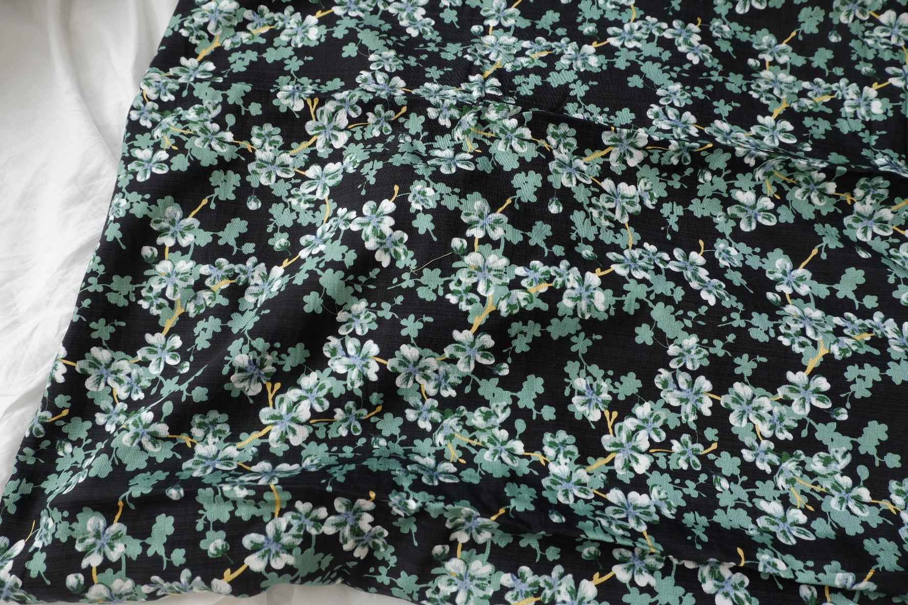 Heavy Tencel Linen Floral Fabric, Black with Green Ditsy Print, 1.64 Yards