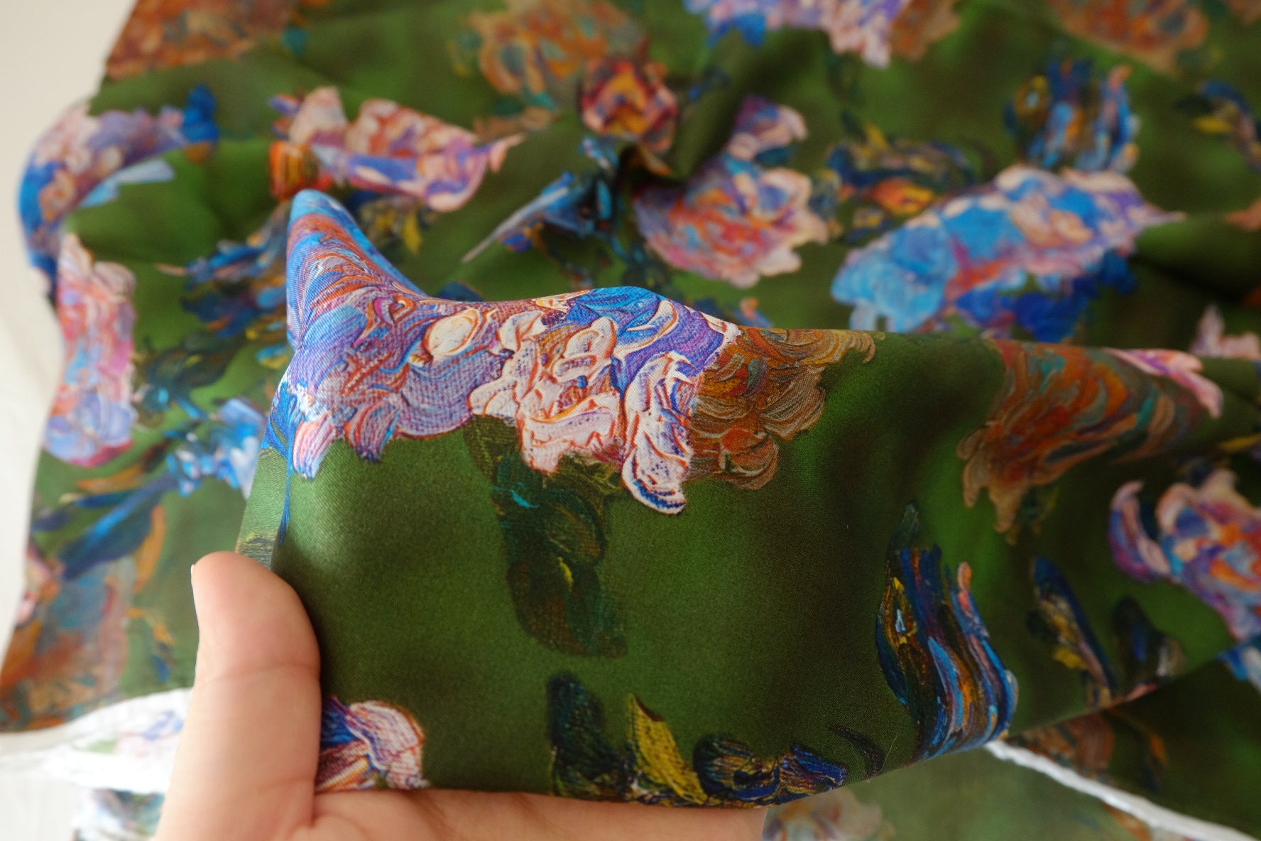 Artistic Watercolor Floral Rayon Fabric – Deep Green – 3.3 yd