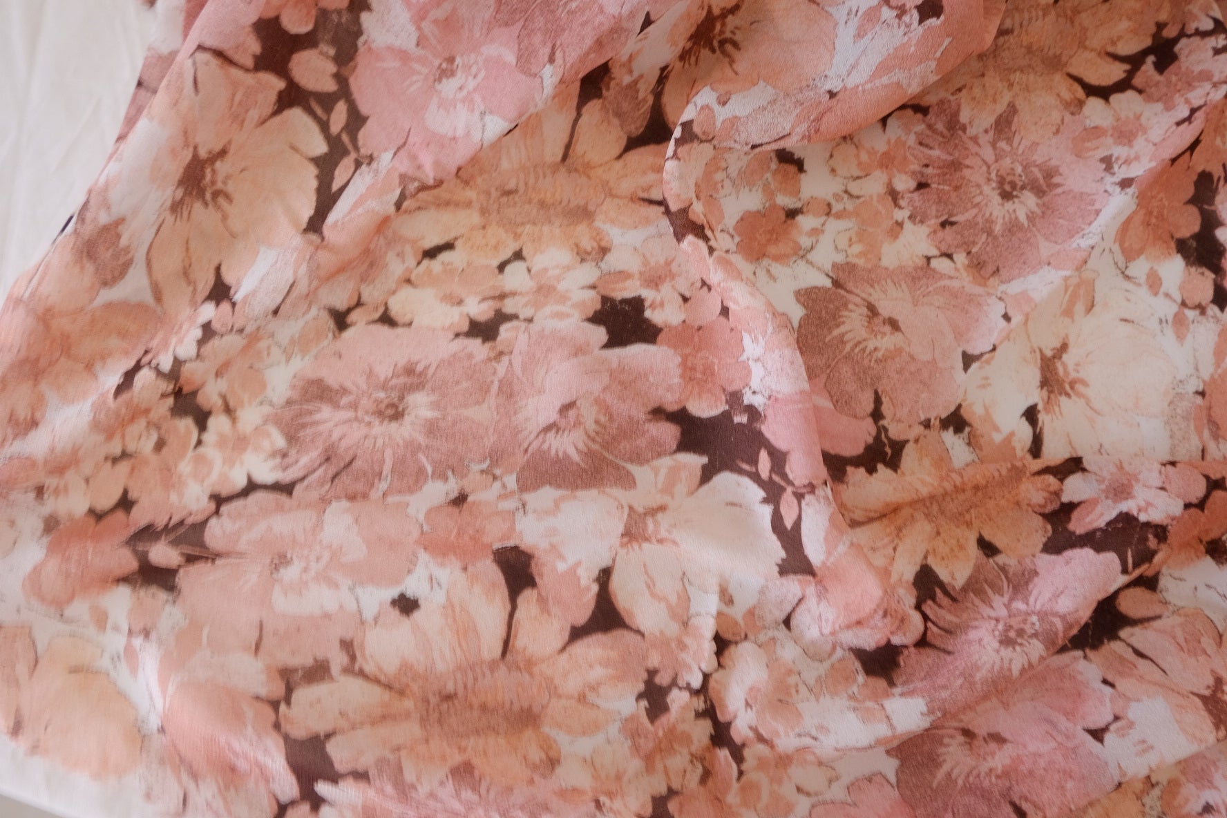 Sheer Rayon Chiffon Fabric – Vintage Peach Floral Print  3.3 yd