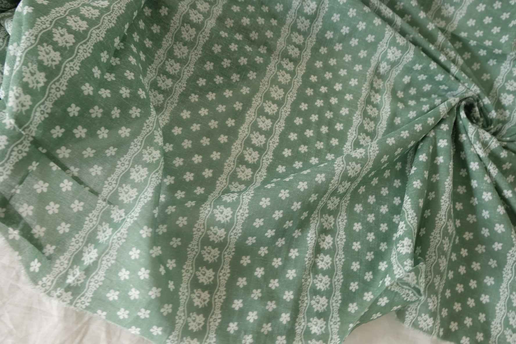 Sage Green Floral Stripe Cotton Voile Fabric – 3.8 Yards
