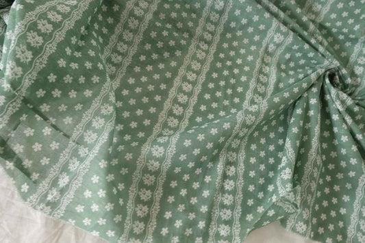 Sage Green Floral Stripe Cotton Voile Fabric – 3.8 Yards