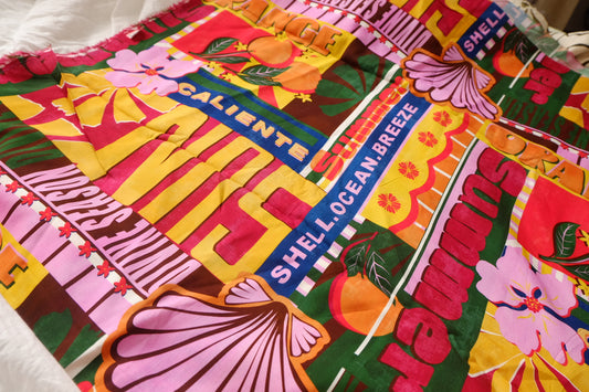Vintage Resort Graphic Rayon Fabric, Bold Multicolor Print, 3.3 Yards