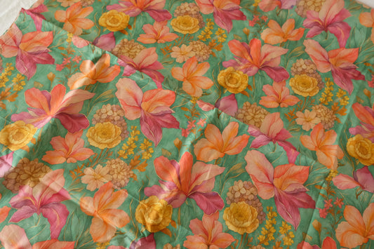Tropical Floral Cotton Lawn Fabric in Green - 3.3 yd