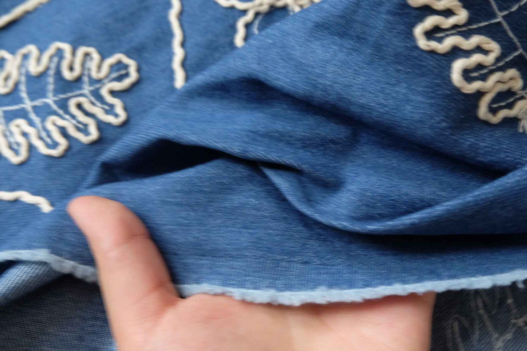 Blue Embroidered Cotton Denim Fabric for Vests, Jackets and Skirts, 2.19 Yards