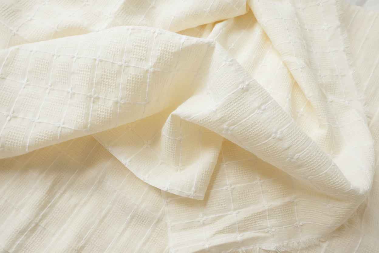 Heavy Embroidered Waffle Jacquard Cotton Linen Blend Fabric, Structured Jacket Weight, 2.19 Yards
