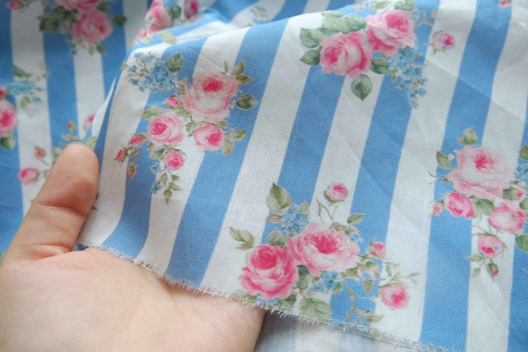 Blue Stripe Rose Cotton Poplin Fabric - 1.31 yd / 1.42 yd