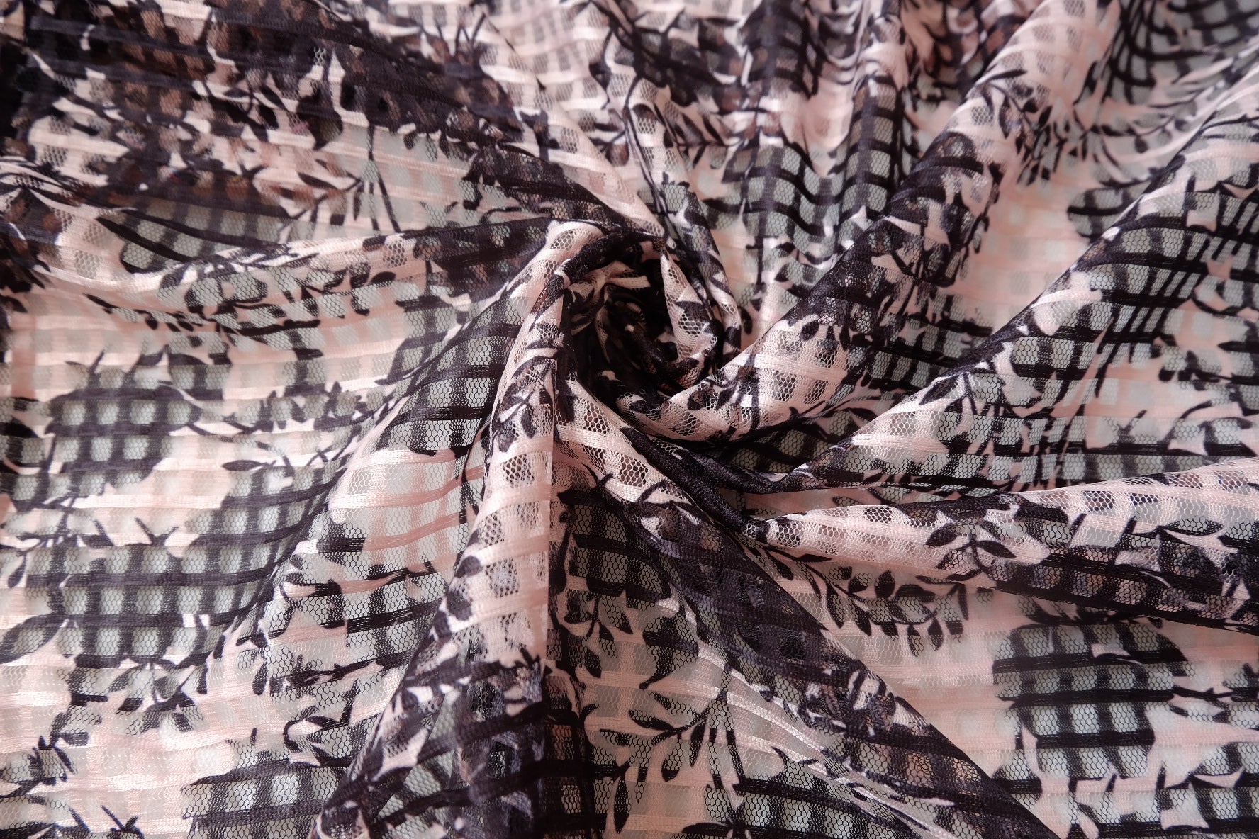 Black Floral Check Printed Mesh Fabric - 2.52 yd