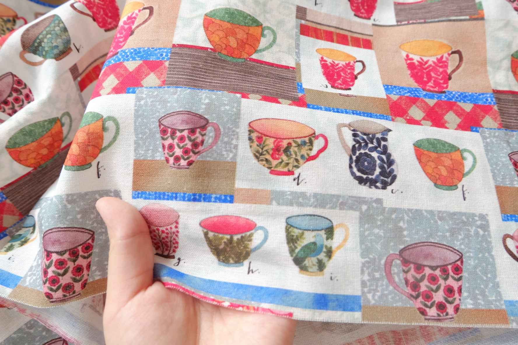 Teacup Collage Cotton Linen Fabric - 1.64 yd