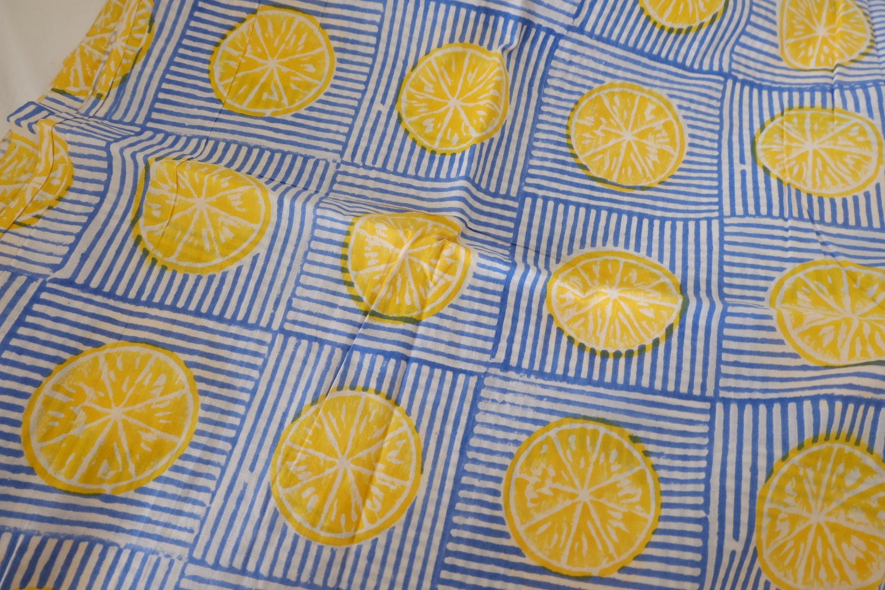 Hand Block Printed Indian Cotton Fabric – Blue Lemon Citrus Pattern – Sold by the Meter