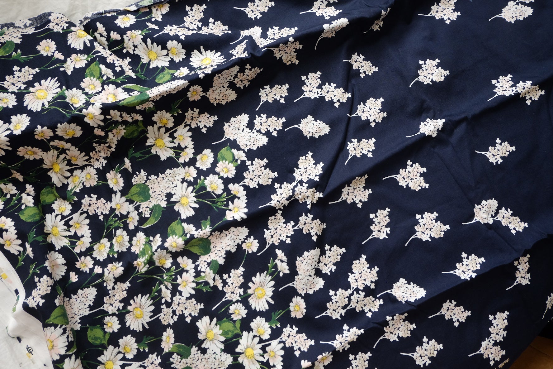 Navy Daisy Border Print Cotton Poplin Fabric - 2.19 yd