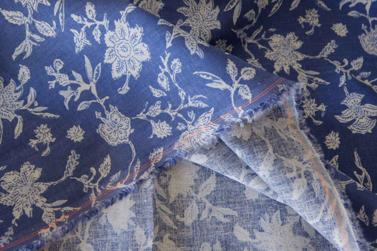 Vintage Blue Botanical Cotton Linen Fabric – 2.2 yd