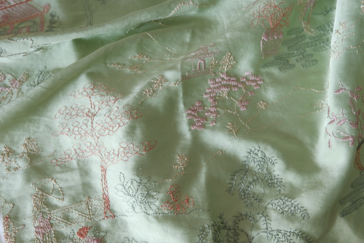 Sage Green Oriental Garden Embroidered Satin – 2.19 yd