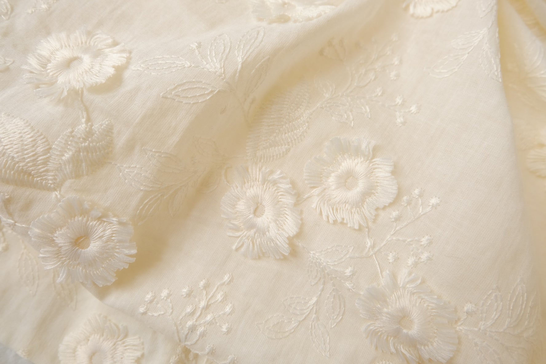 White 3D Embroidered Cotton Fabric, 2.19 Yards
