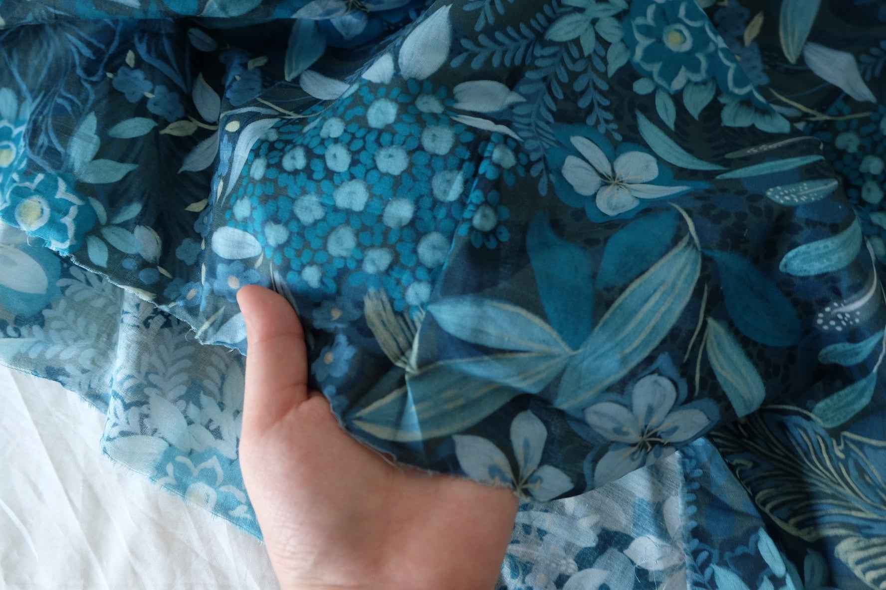 Midnight Blue Botanical Garden Cotton Voile Fabric – Deep Floral Nature Print – 2.2 yd