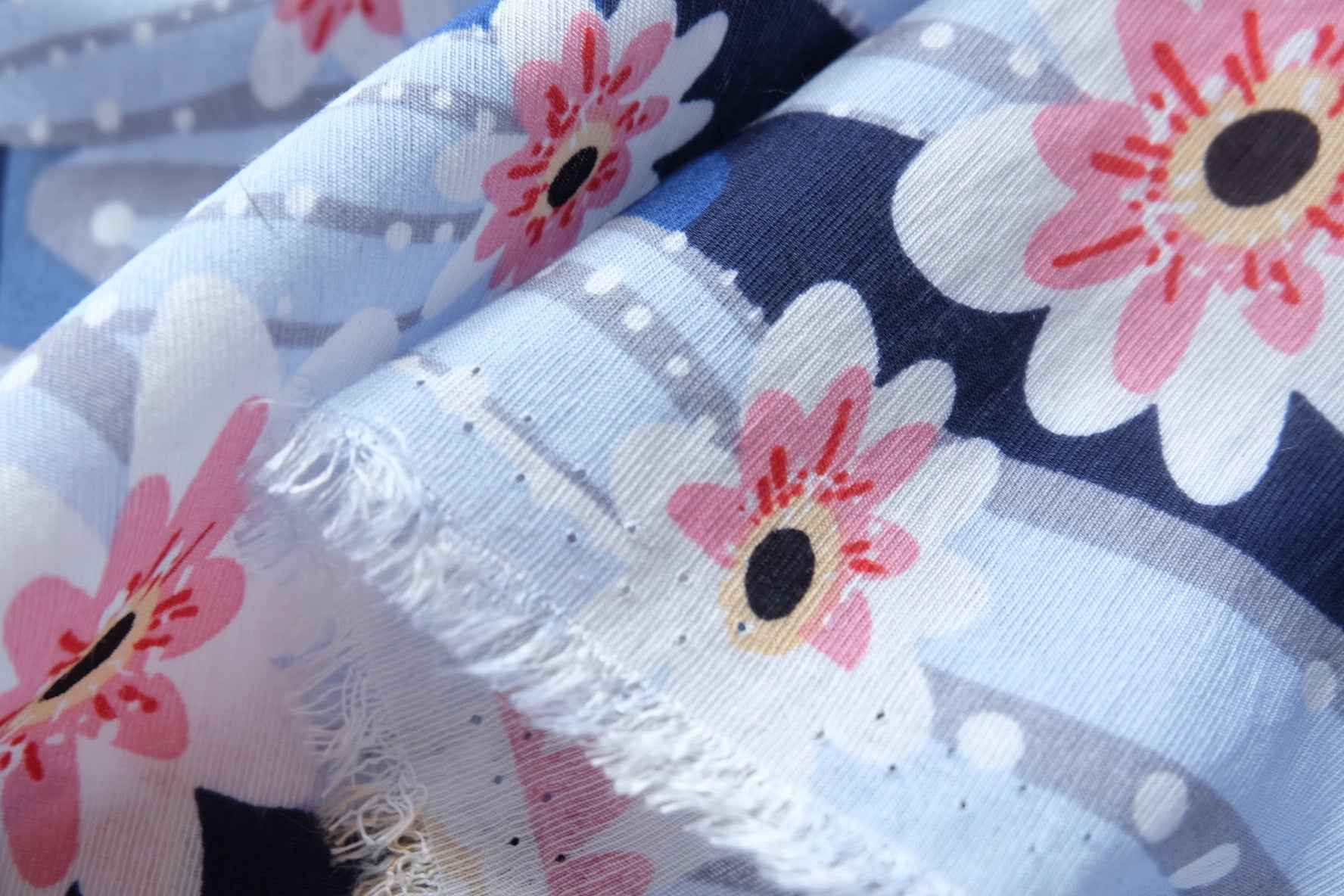 Blue Cactus Floral Cotton Rayon Fabric, Lightweight Summer Dress Weight, 2.19 Yards