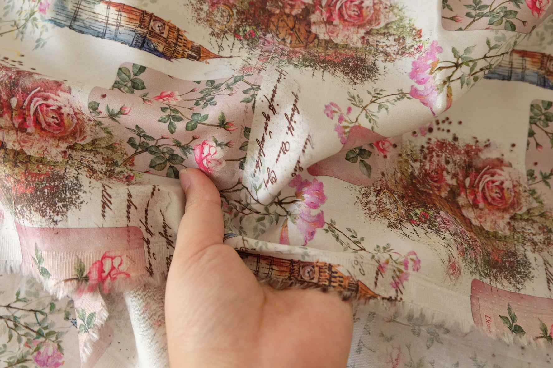 60s Cotton Sateen Printed Fabric – 1 Yard Vintage Floral & City Postcard Design