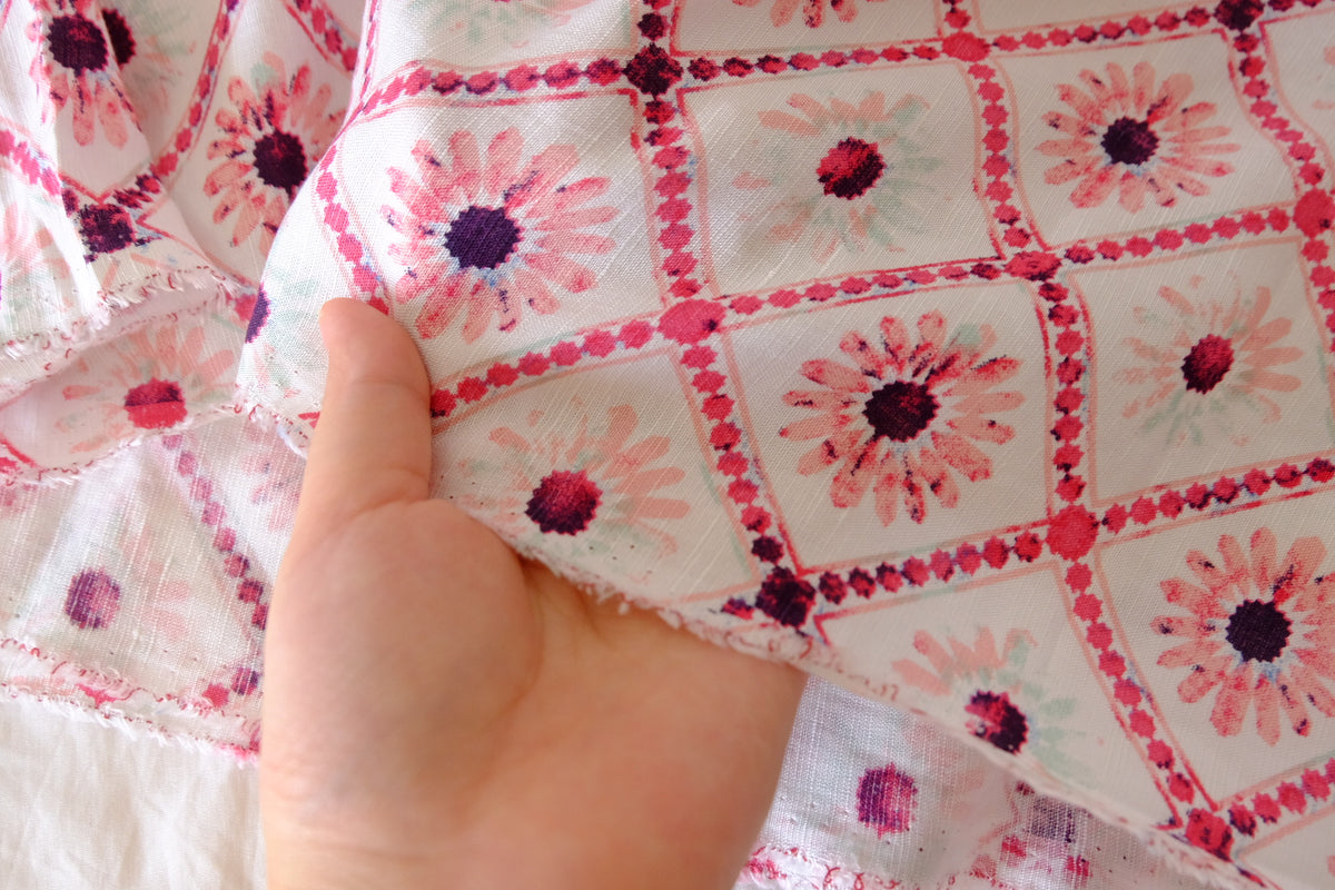 Pink Daisy Lattice Lyocell Ramie Blend – 2.19 yd