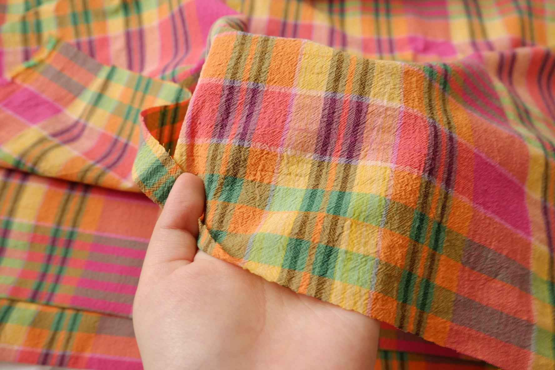 Vietnamese-Inspired Plaid Washed Linen Cotton Fabric, Textured Summer Check, 2.19 Yards