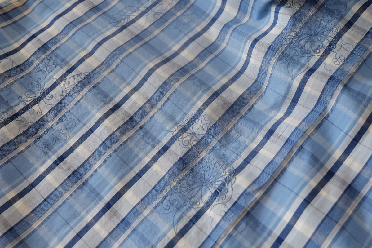 Blue Embroidered Plaid Yarn-Dyed Cotton – 1.6 yd