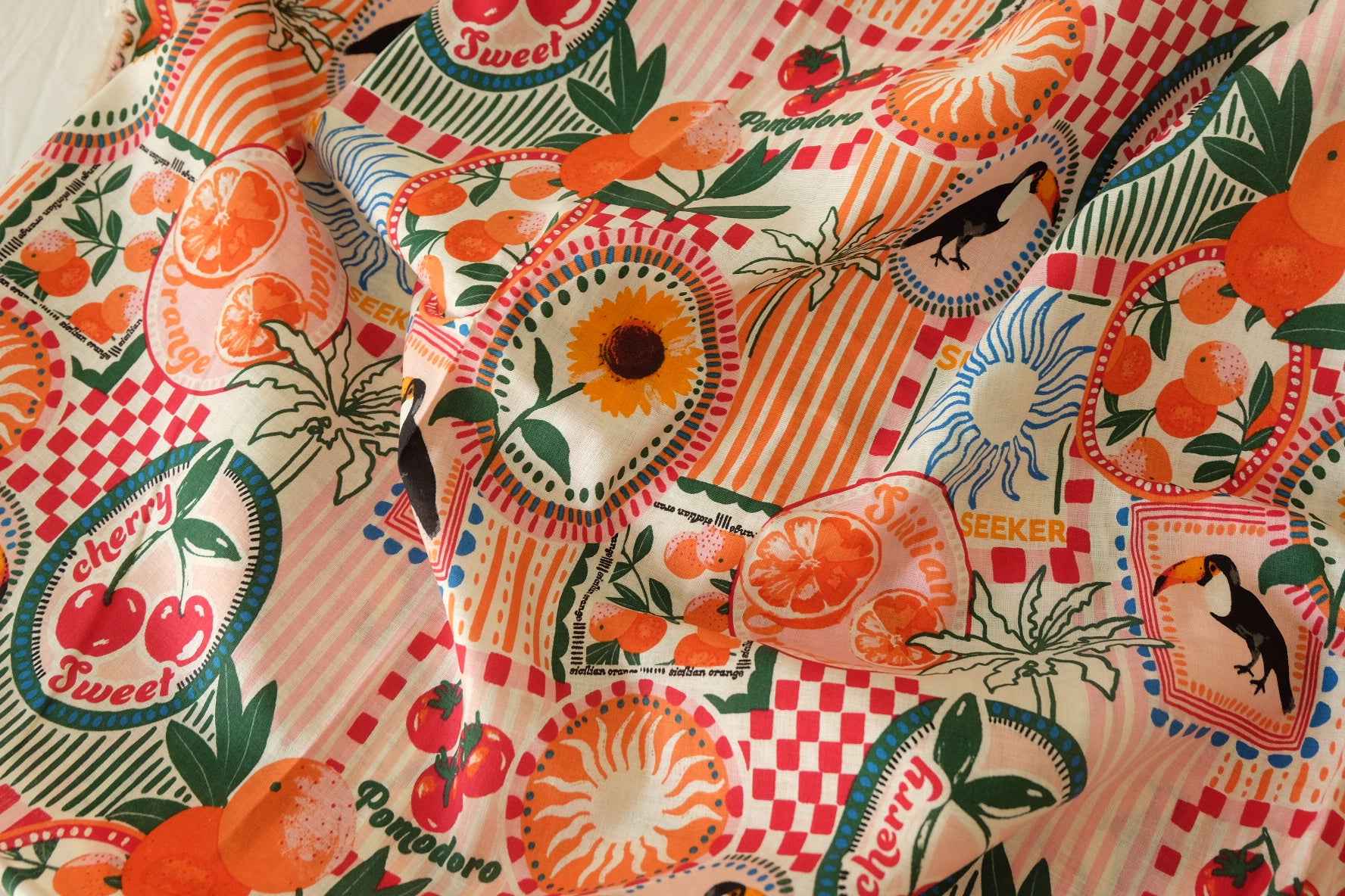 Structured Cotton Linen Fruit Collage Print Fabric – 2.2 yd