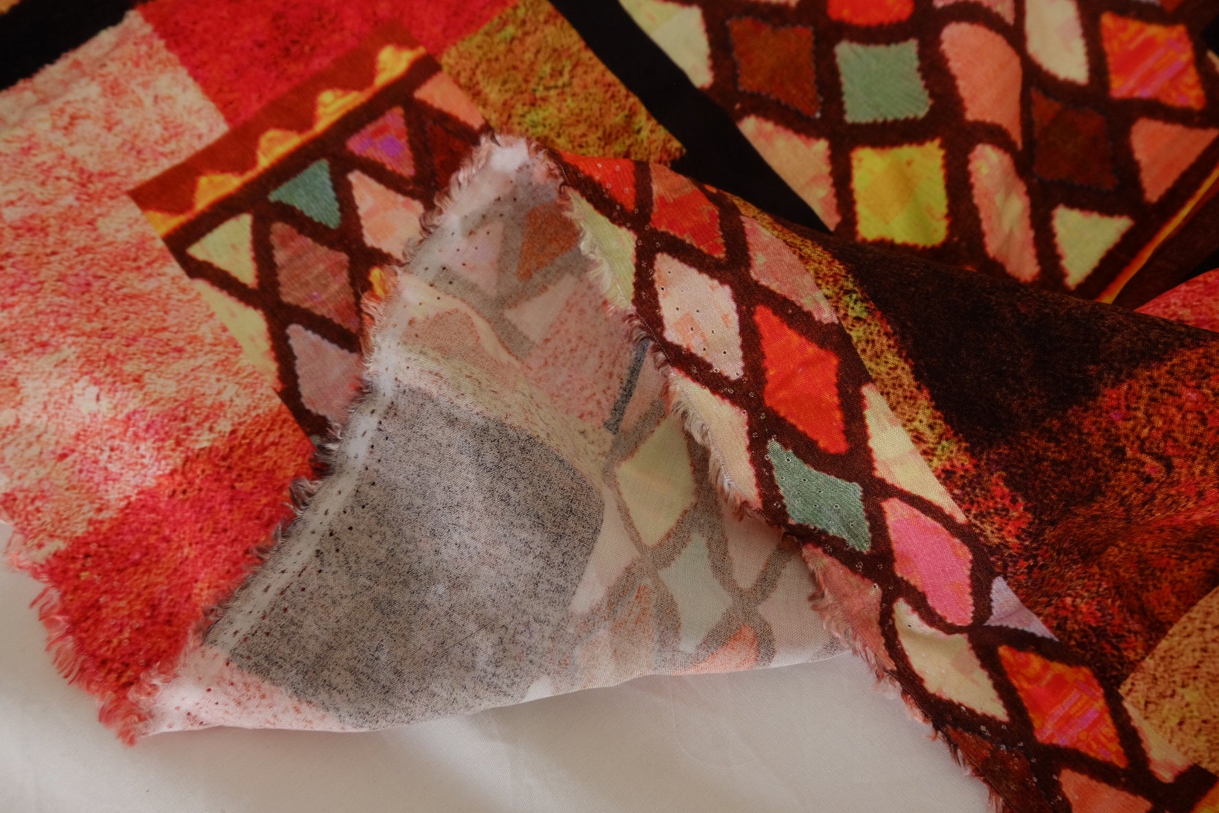 Warm Patchwork Mosaic Rayon Challis Fabric – 1.6 yd