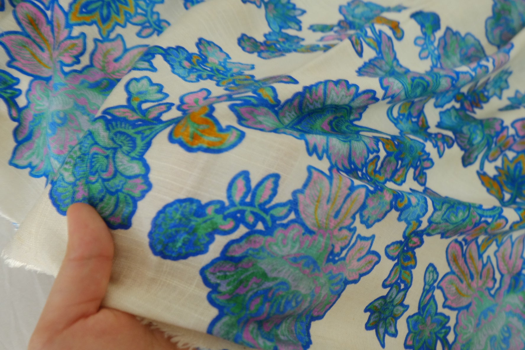 Blue Paisley Floral Linen Cotton Blend Fabric – 2.2 yd