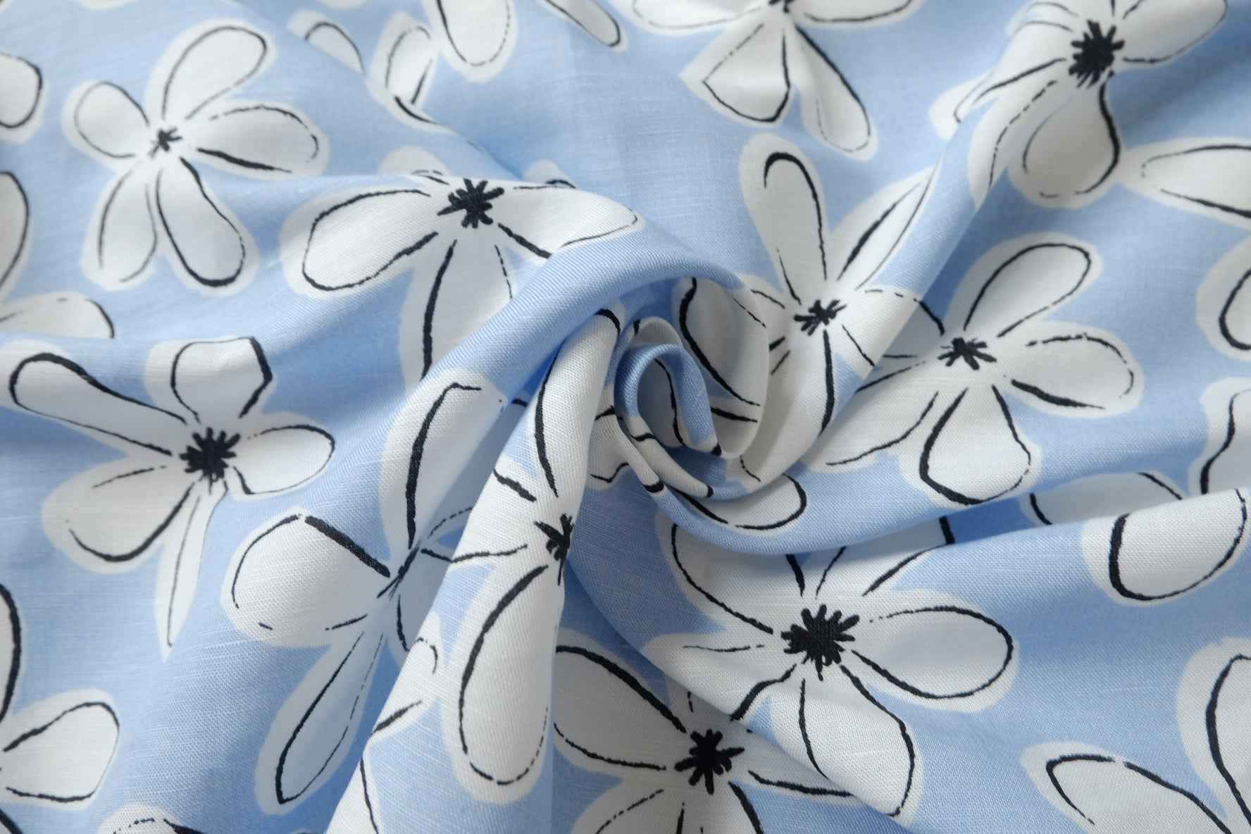 Sky Blue Floral Linen Cotton Fabric, 80 Linen 20 Cotton, 2.19 Yards