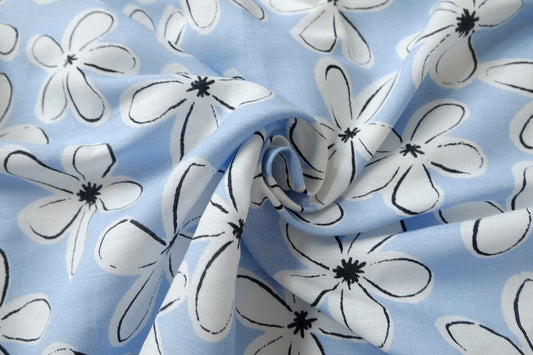 Sky Blue Floral Linen Cotton Fabric, 80 Linen 20 Cotton, 2.19 Yards