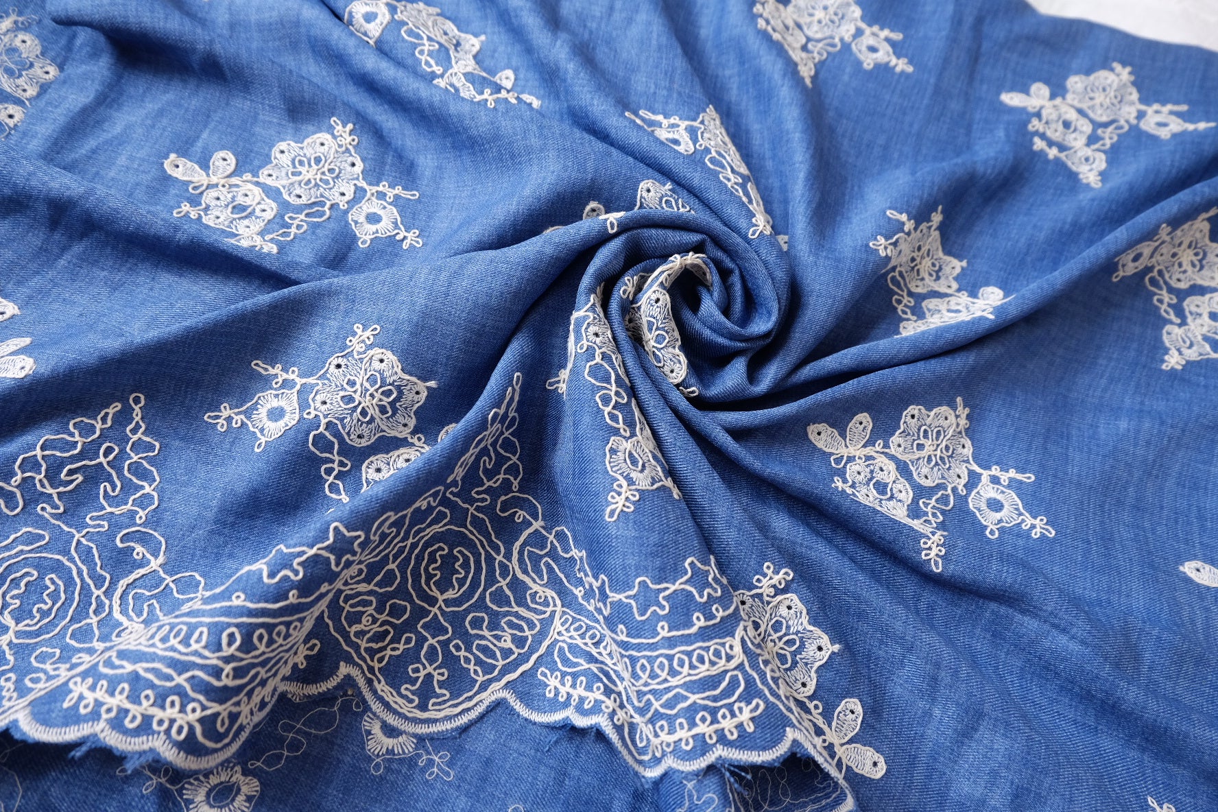 Blue Border Embroidered Lyocell Cotton Denim, 1.6 Yards