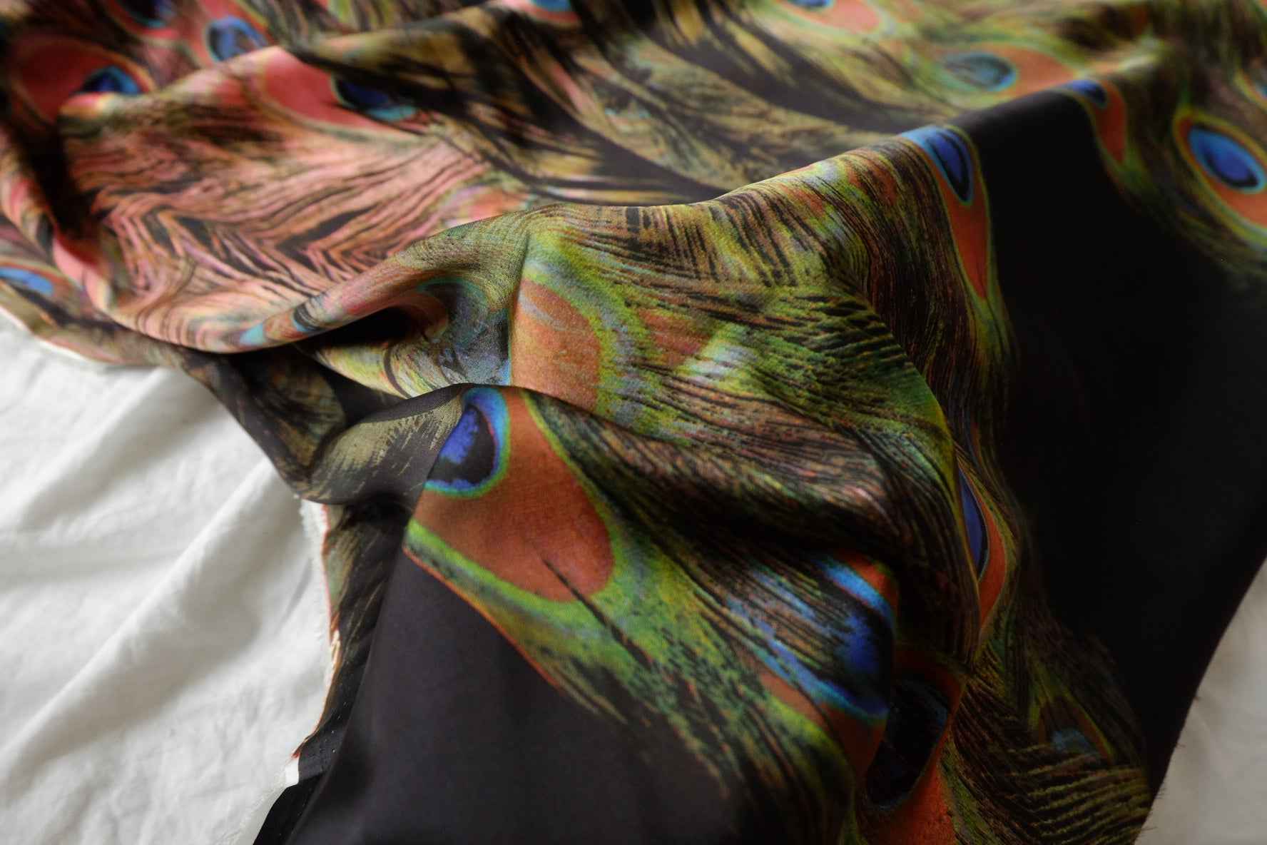 Peacock Feather Border Print Satin Fabric - 0.9 Yards