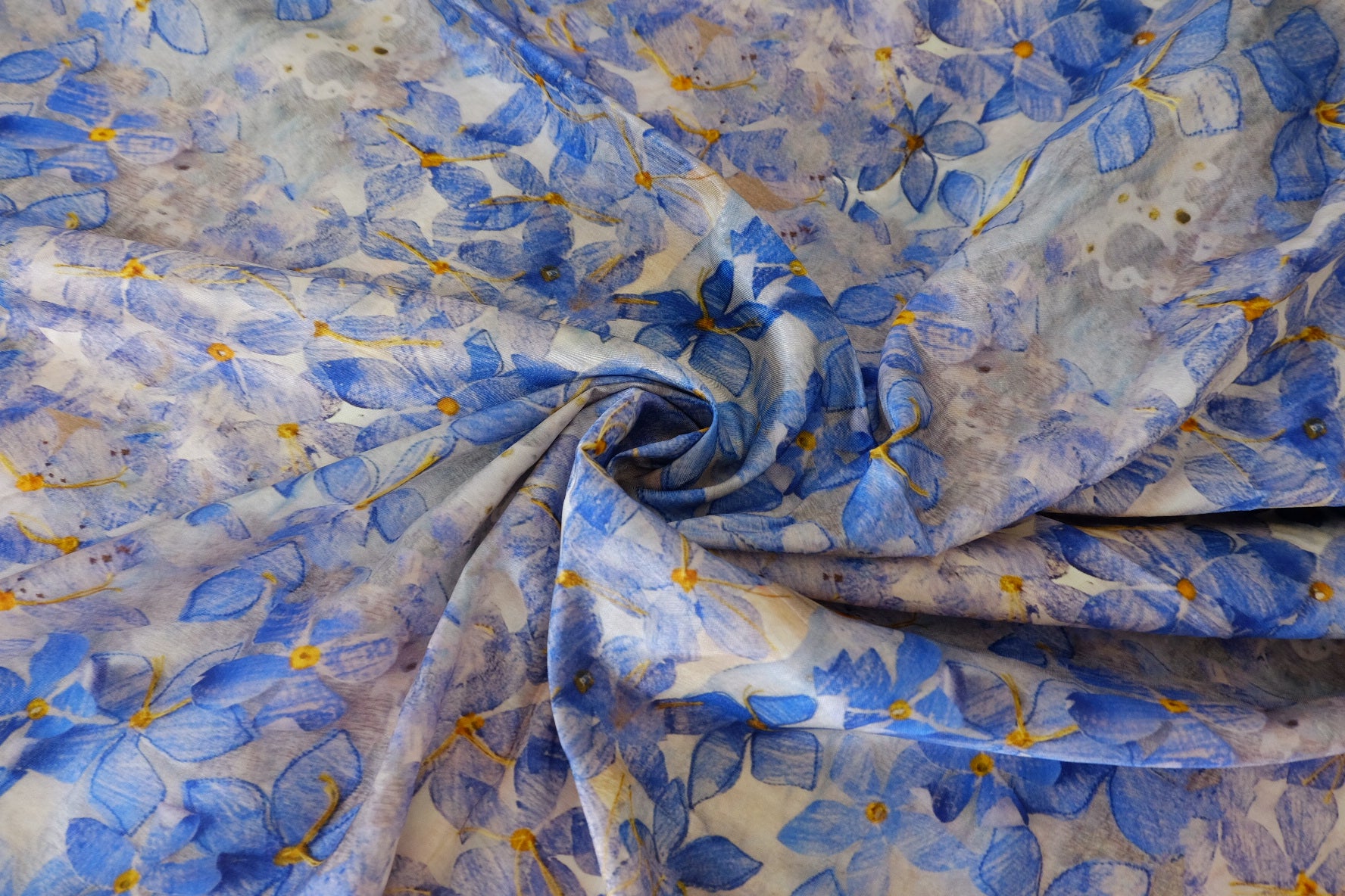 Silky Rayon Fabric – Blue Watercolor Floral Print (2.2 yd Cut)