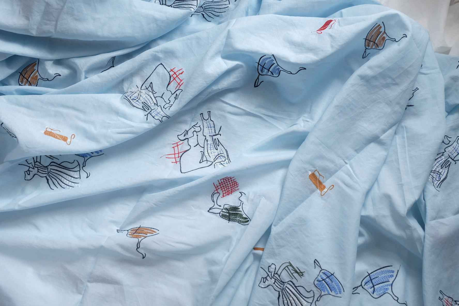 Sky Blue Embroidered Cotton Fabric, Airy Summer Dress Weight, 3.28 Yards