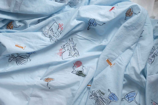 Sky Blue Embroidered Cotton Fabric, Airy Summer Dress Weight, 3.28 Yards