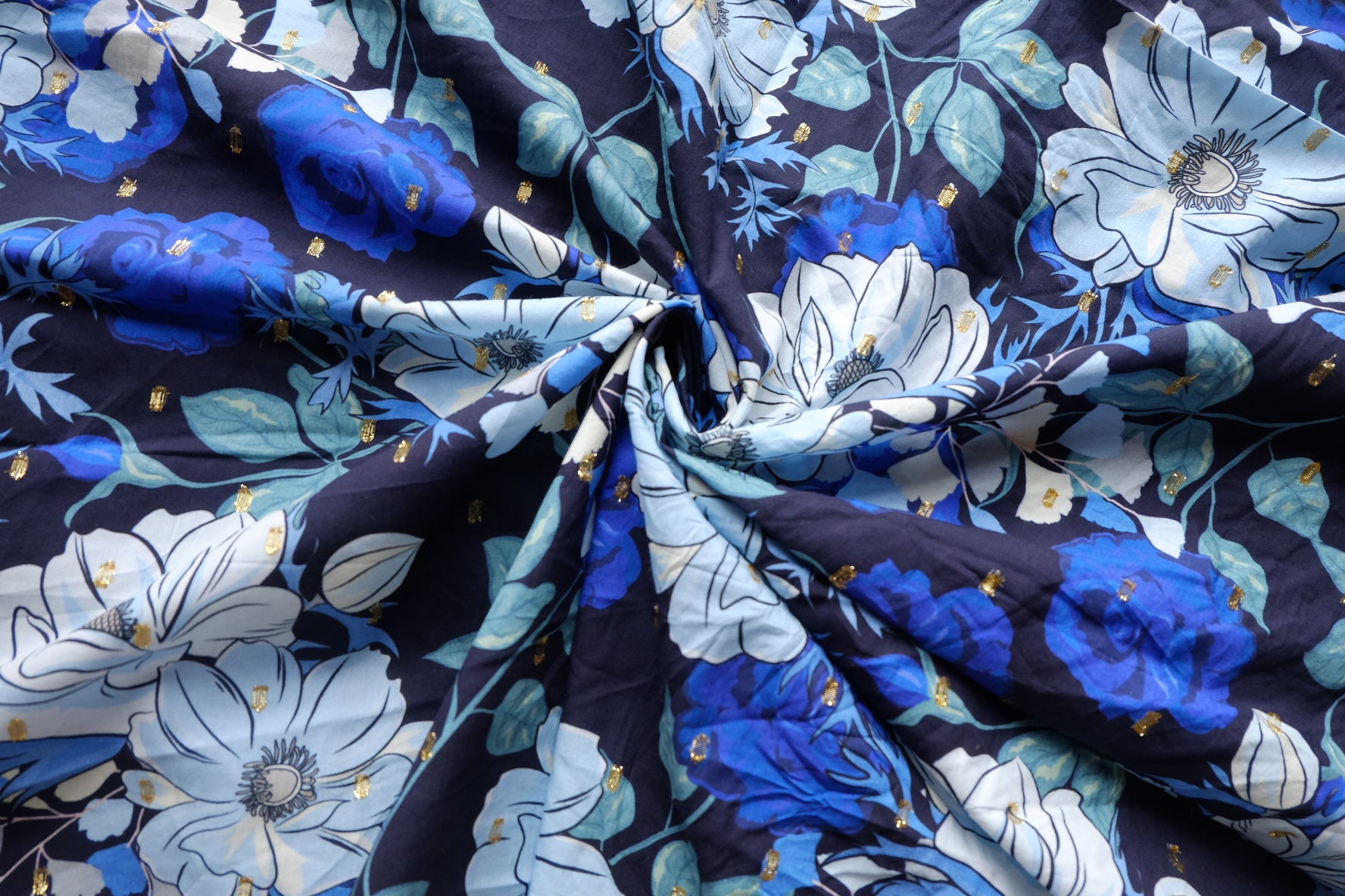 Blue Floral Gold-Dobby Cotton Lawn – 1.2 yd