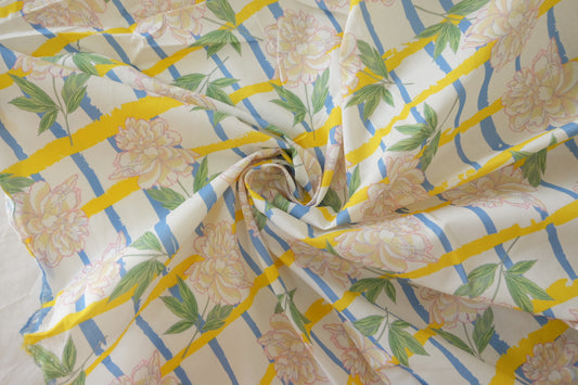 Sunny Stripe Floral Cotton Lawn Fabric – Yellow Blue Garden Print (1.9 yd Cut)