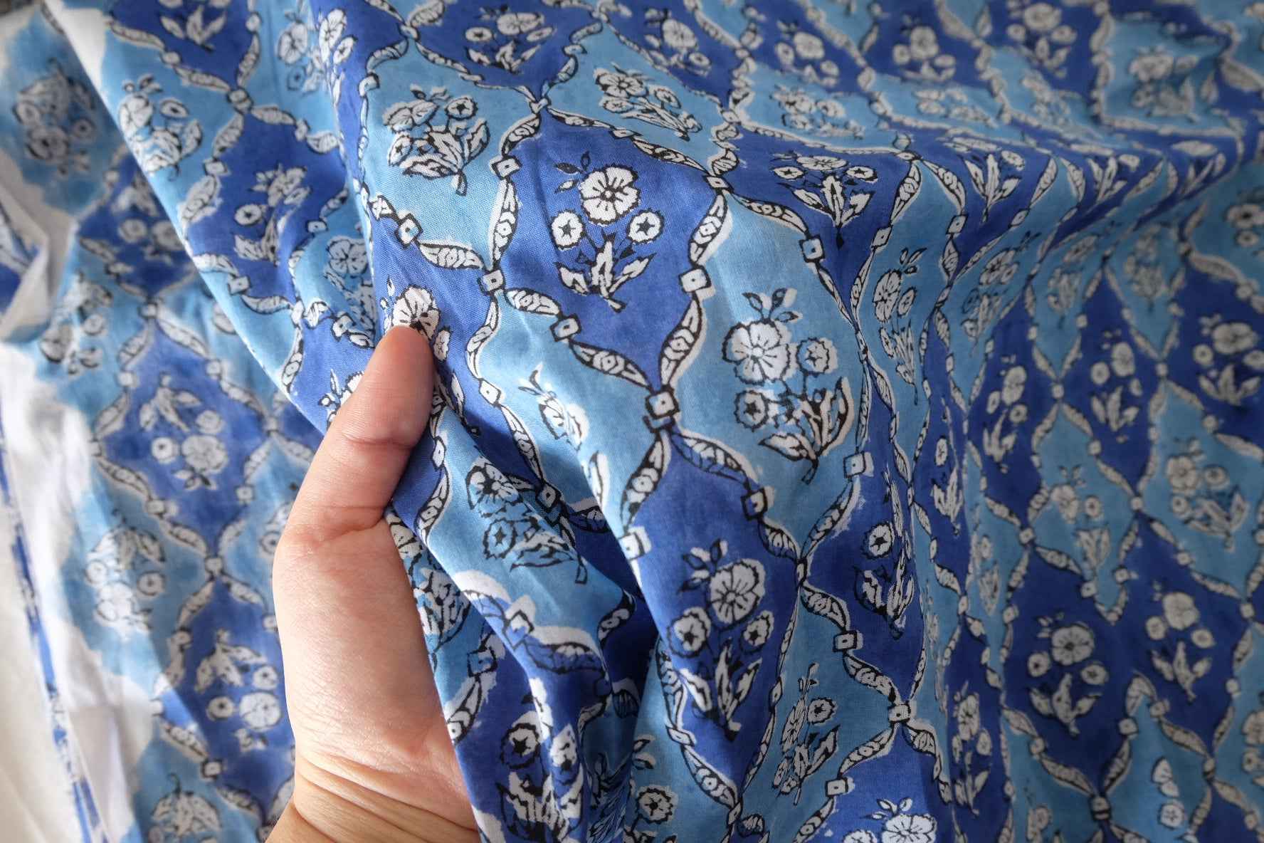 Indian Hand Block Printed Cotton Fabric – Blue Floral Tile Pattern – Sold by the Meter