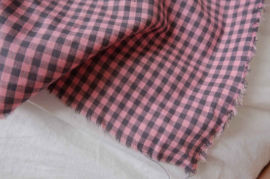 Pink Mini Gingham Cotton Linen Fabric - 2.19 yd