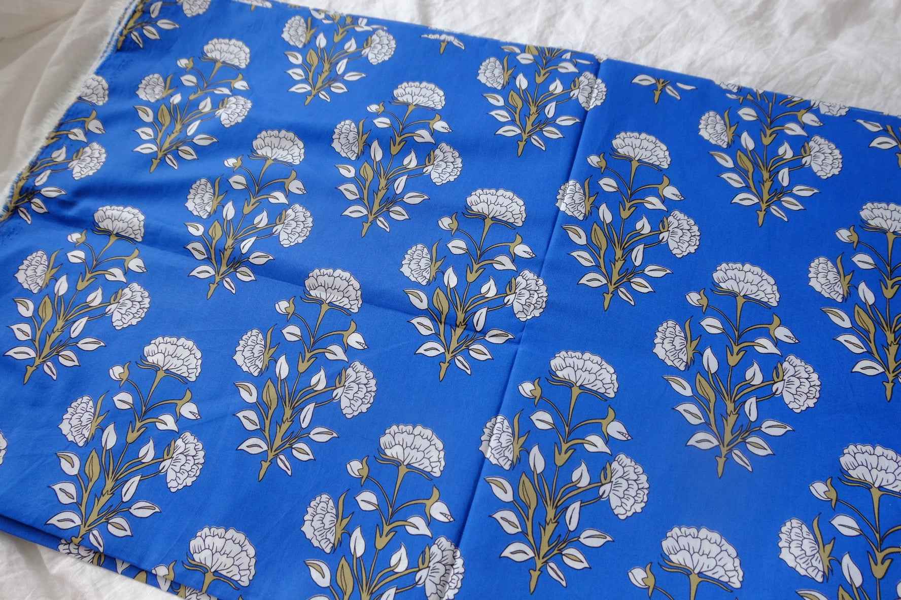 Blue Block Floral Cotton Poplin Fabric - 1.64 yd