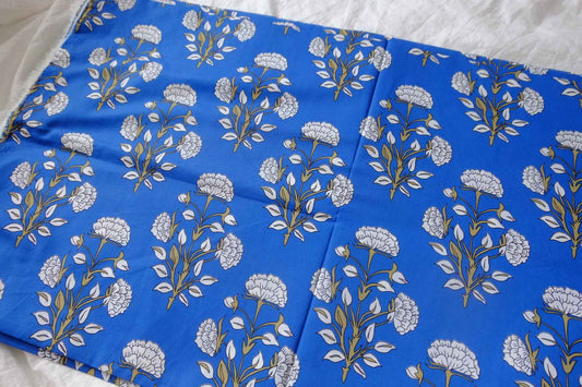 Blue Block Floral Cotton Poplin Fabric - 1.64 yd