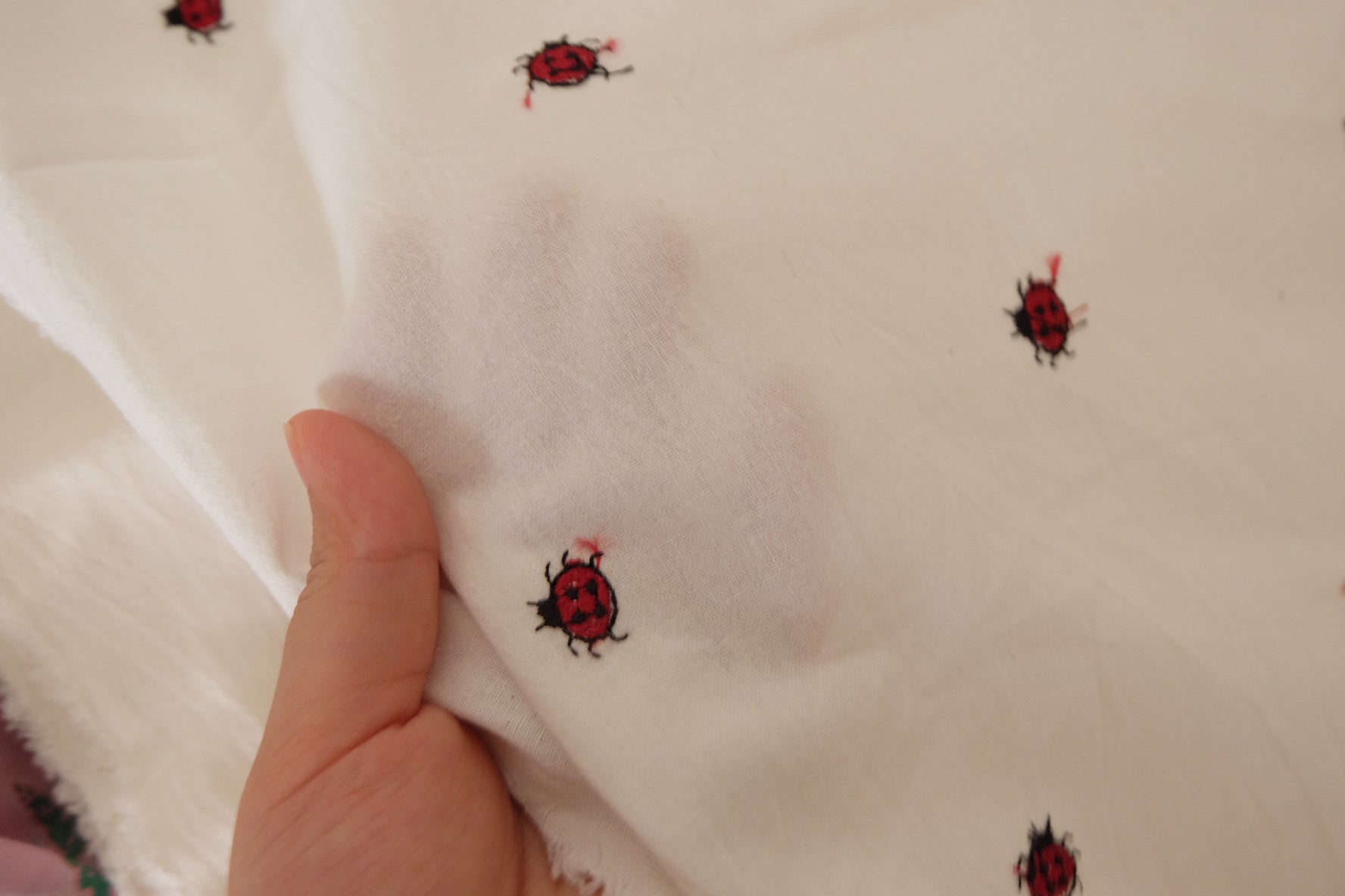 Ladybug Embroidered Washed Cotton Linen Fabric – 2.2 yd