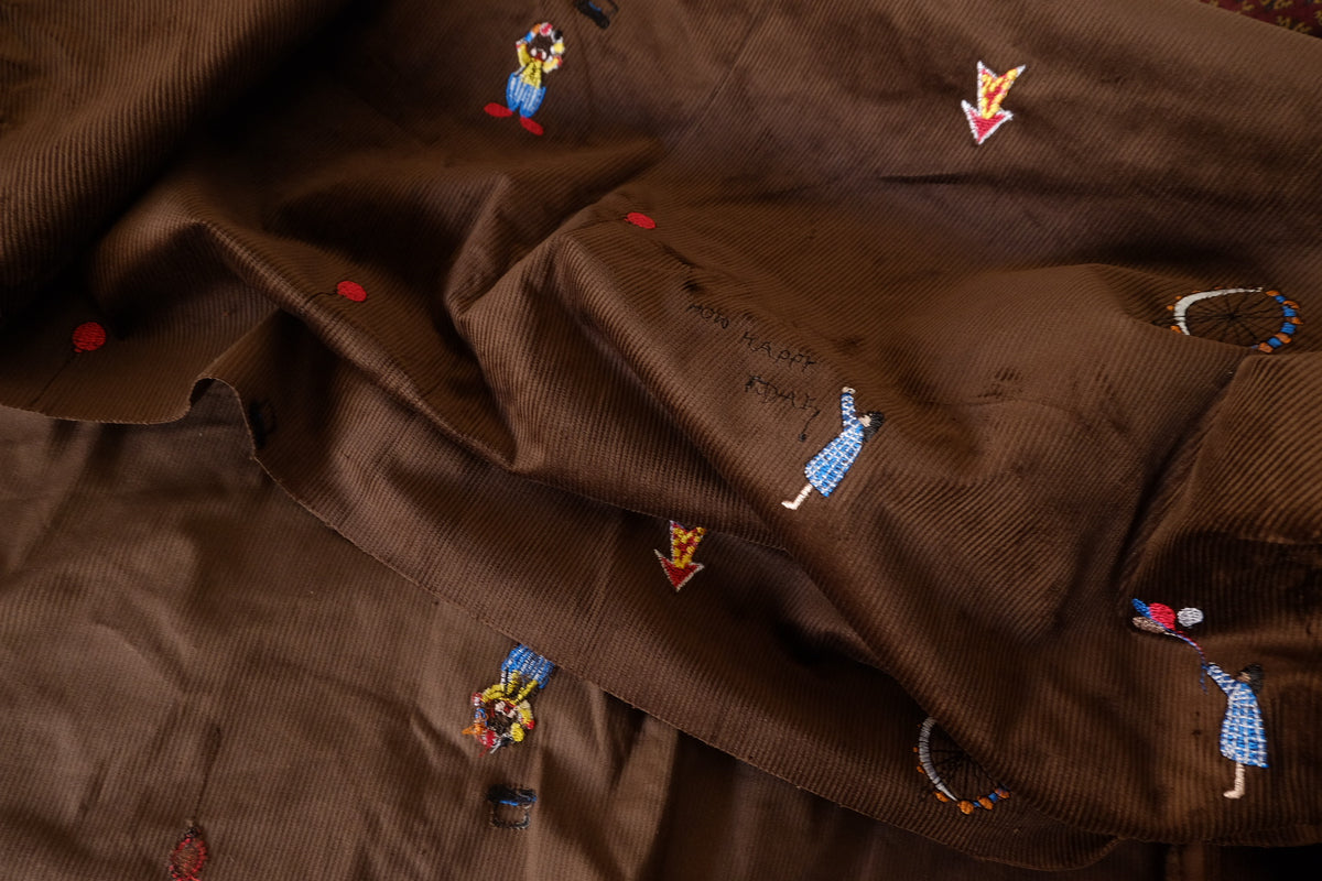 Little Adventures – Embroidered Brown Cotton Corduroy Fabric | 2.2 Yards