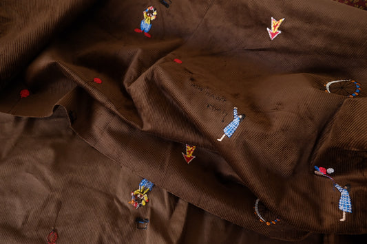 Little Adventures – Embroidered Brown Cotton Corduroy Fabric | 2.2 Yards