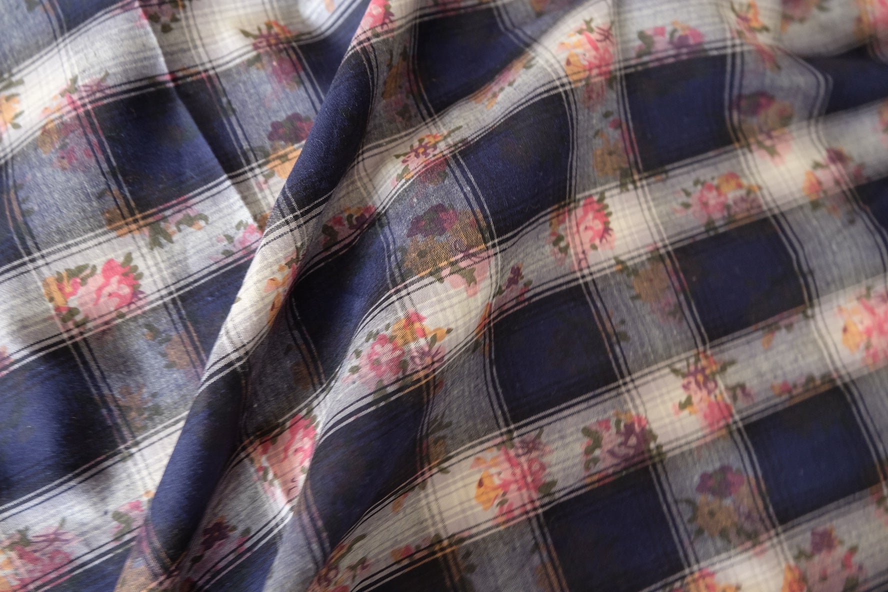 Navy Floral Plaid Cotton Fabric – 2.19 yd