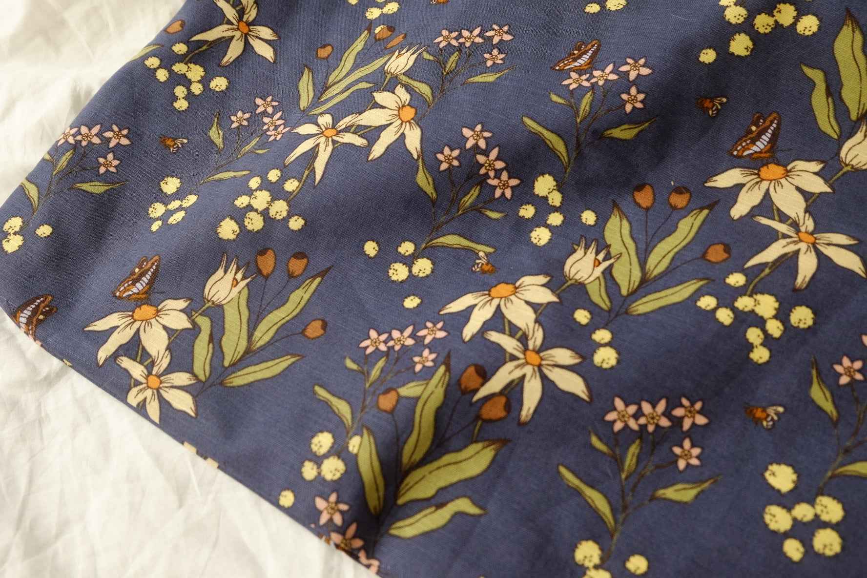 Dusky Blue Wildflower Slub Cotton Linen Fabric, Medium Weight for Trousers and Sets, 1.64 Yards