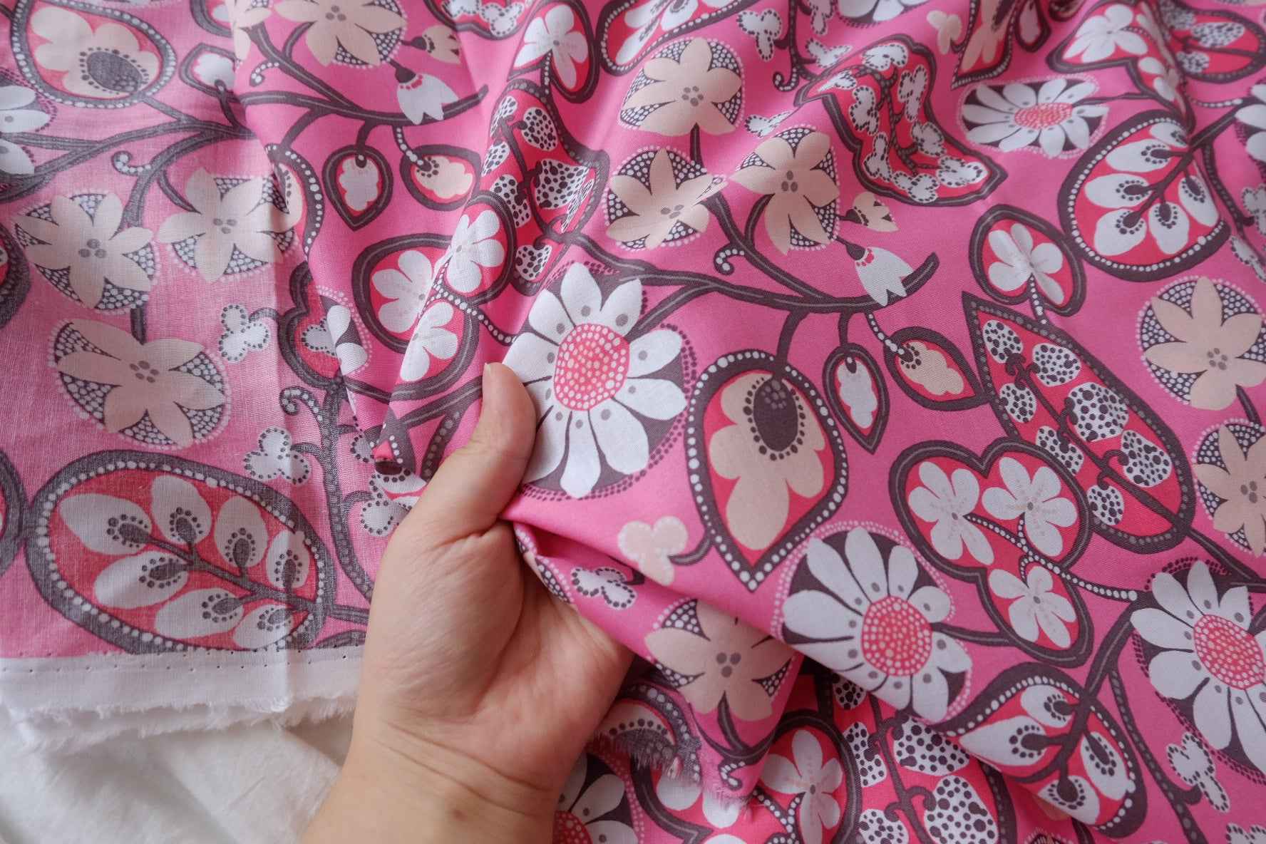 Pink Retro Floral Designer Deadstock Cotton Fabric - 1.64 Yards