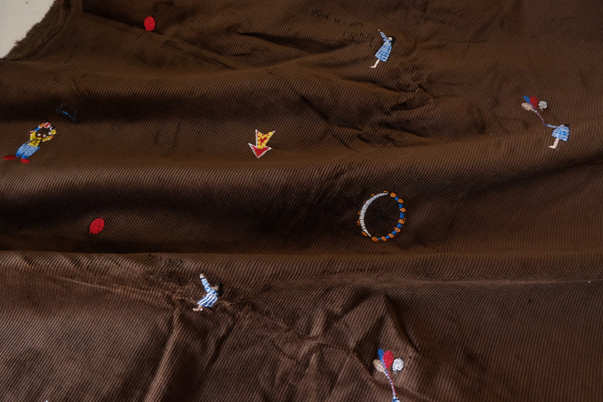 Little Adventures – Embroidered Brown Cotton Corduroy Fabric | 2.2 Yards