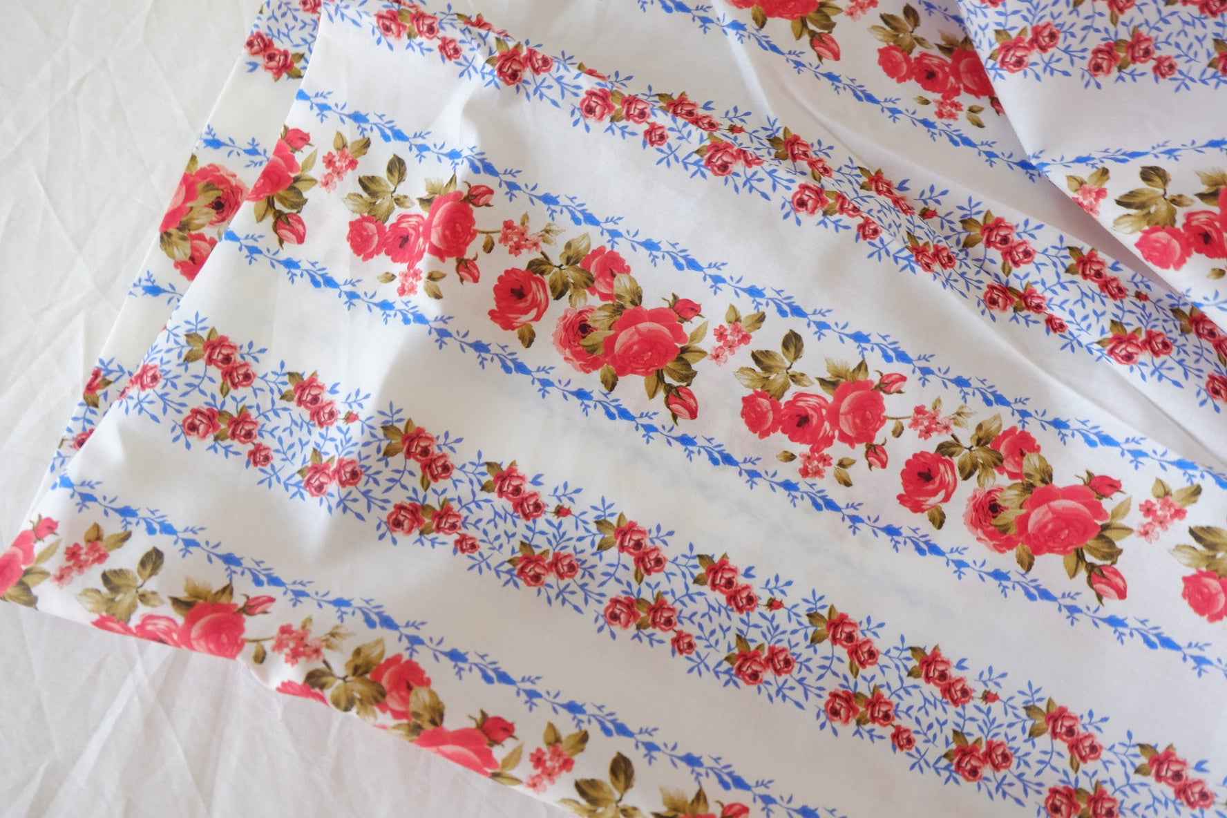 Vintage Rose Stripe Cotton Lawn Fabric – White Floral Garden Print (3.8 yd Cut)
